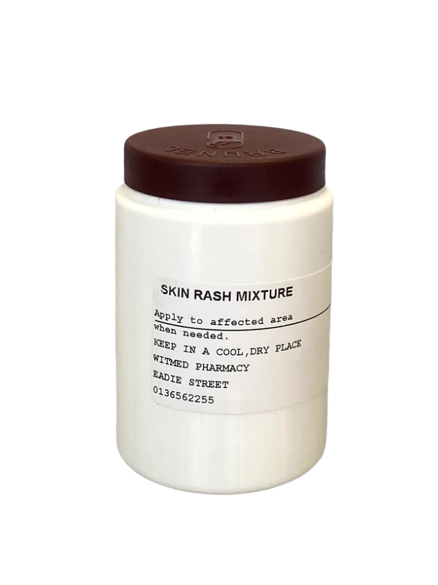 Our Skin Rash Mixture is a soothing topical solution formulated to provide relief from various skin irritations and rashes. 