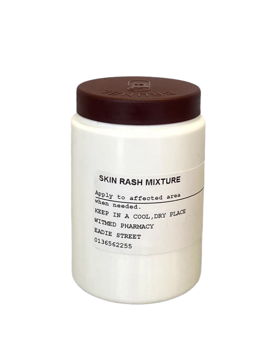 Our Skin Rash Mixture is a soothing topical solution formulated to provide relief from various skin irritations and rashes. 